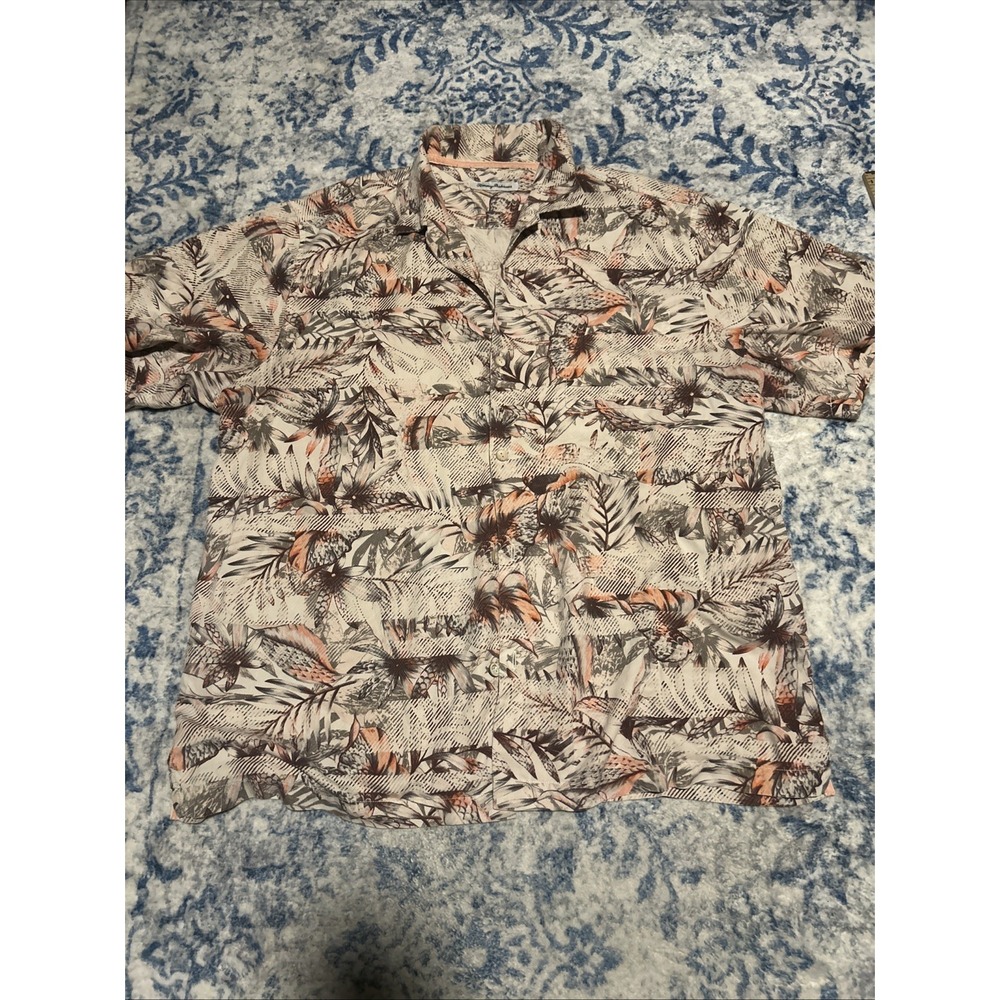 Tommy Bahama Men's XXL Silk Hawaiian Shirt Orange Floral Short Sleeve Button Up